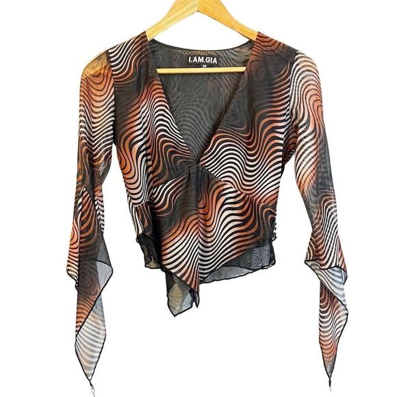 I.AM.GIA Freyja Top Women's M Sheer V-Neck Y2K Bell Sleeve Geometric Blouse - Picture 2 of 7